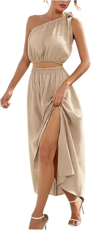 HGps8w Women's 2 Piece Summer Outftis Casual One Shoulder Crop Top High Waisted Slde Slit Maxi Skirt Boho Dress Set