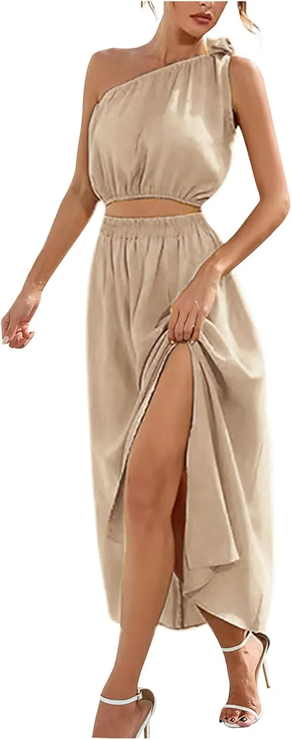 HGps8w Women's 2 Piece Summer Outftis Casual One Shoulder Crop Top High Waisted Slde Slit Maxi Skirt Boho Dress Set