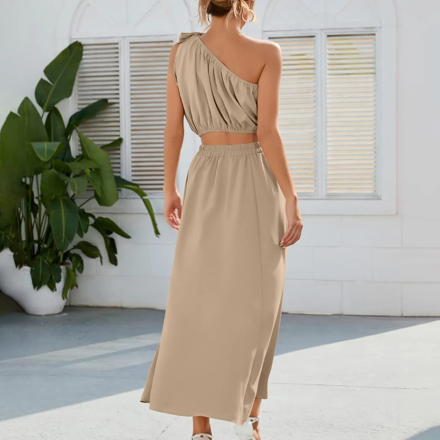 HGps8w Women's 2 Piece Summer Outftis Casual One Shoulder Crop Top High Waisted Slde Slit Maxi Skirt Boho Dress Set