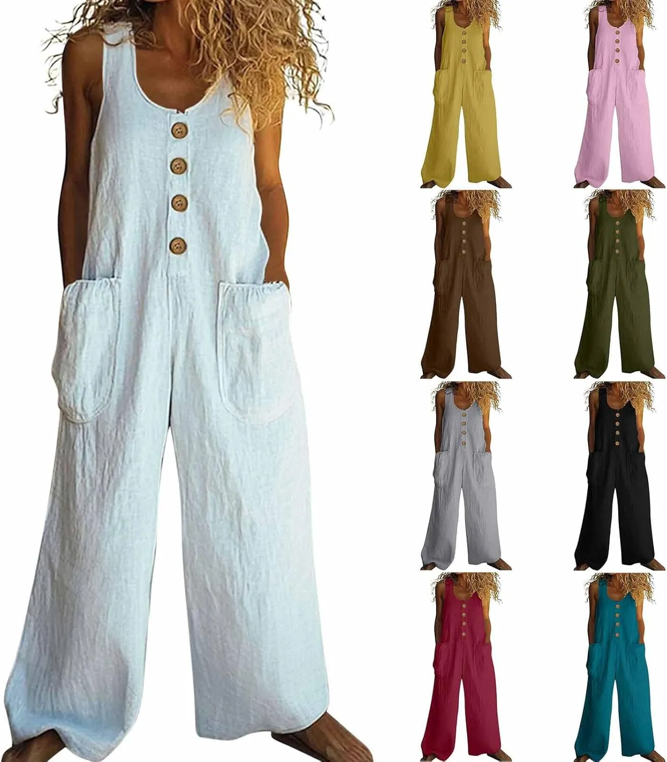HGps8w Women's 2025 Summer Casual Cotton Linen One Piece Jumpsuits Button Down Loose Wide Leg Pants Rompers Beach Outfits