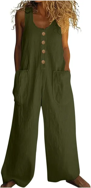 HGps8w Women's 2025 Summer Casual Cotton Linen One Piece Jumpsuits Button Down Loose Wide Leg Pants Rompers Beach Outfits