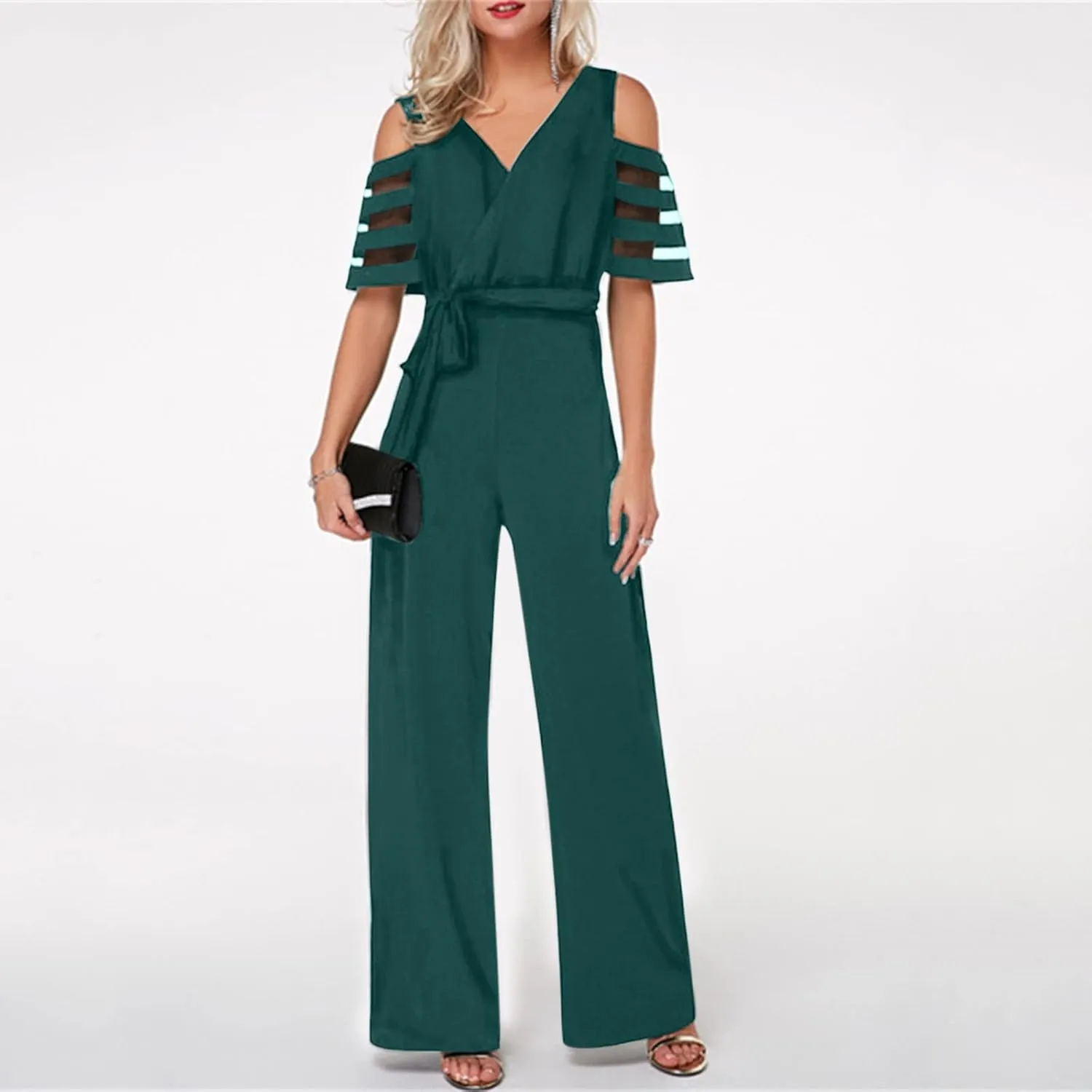 HGps8w Women's Cold Shoulder Dressy Jumpsuits Elegant Mesh Sleeve Belted High Waisted Wide Leg Rompers Formal Pantsuits