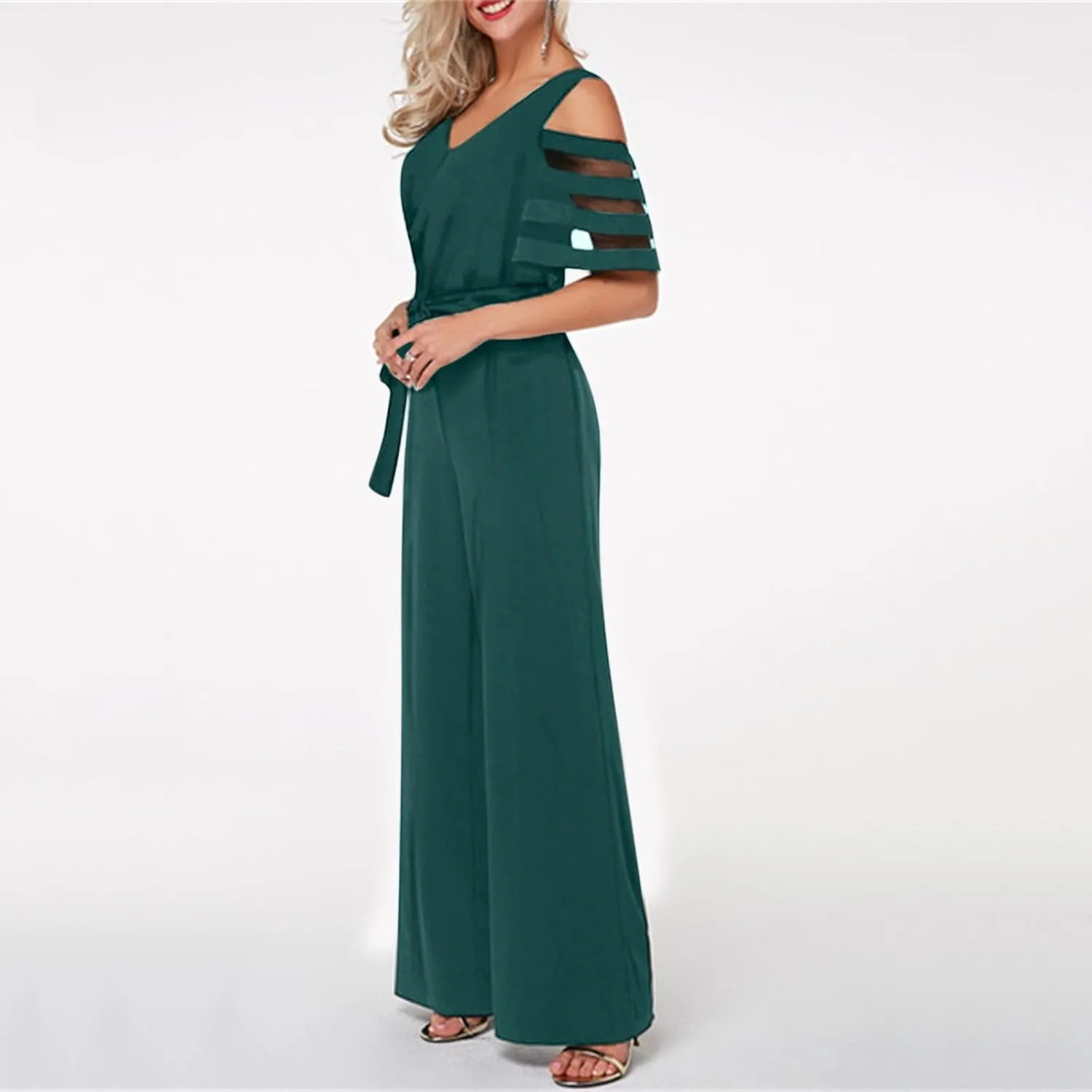 HGps8w Women's Cold Shoulder Dressy Jumpsuits Elegant Mesh Sleeve Belted High Waisted Wide Leg Rompers Formal Pantsuits