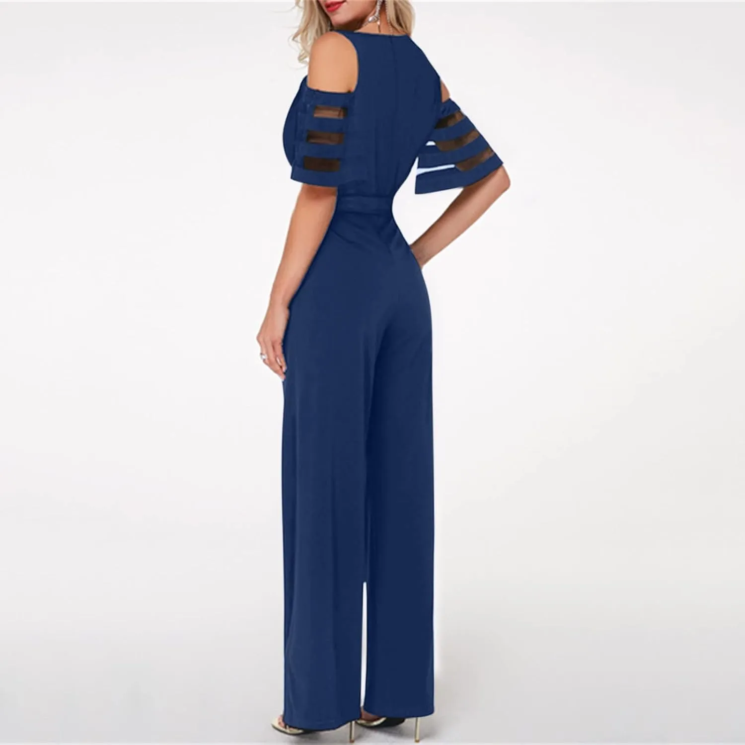 HGps8w Women's Cold Shoulder Dressy Jumpsuits Elegant Mesh Sleeve Belted High Waisted Wide Leg Rompers Formal Pantsuits