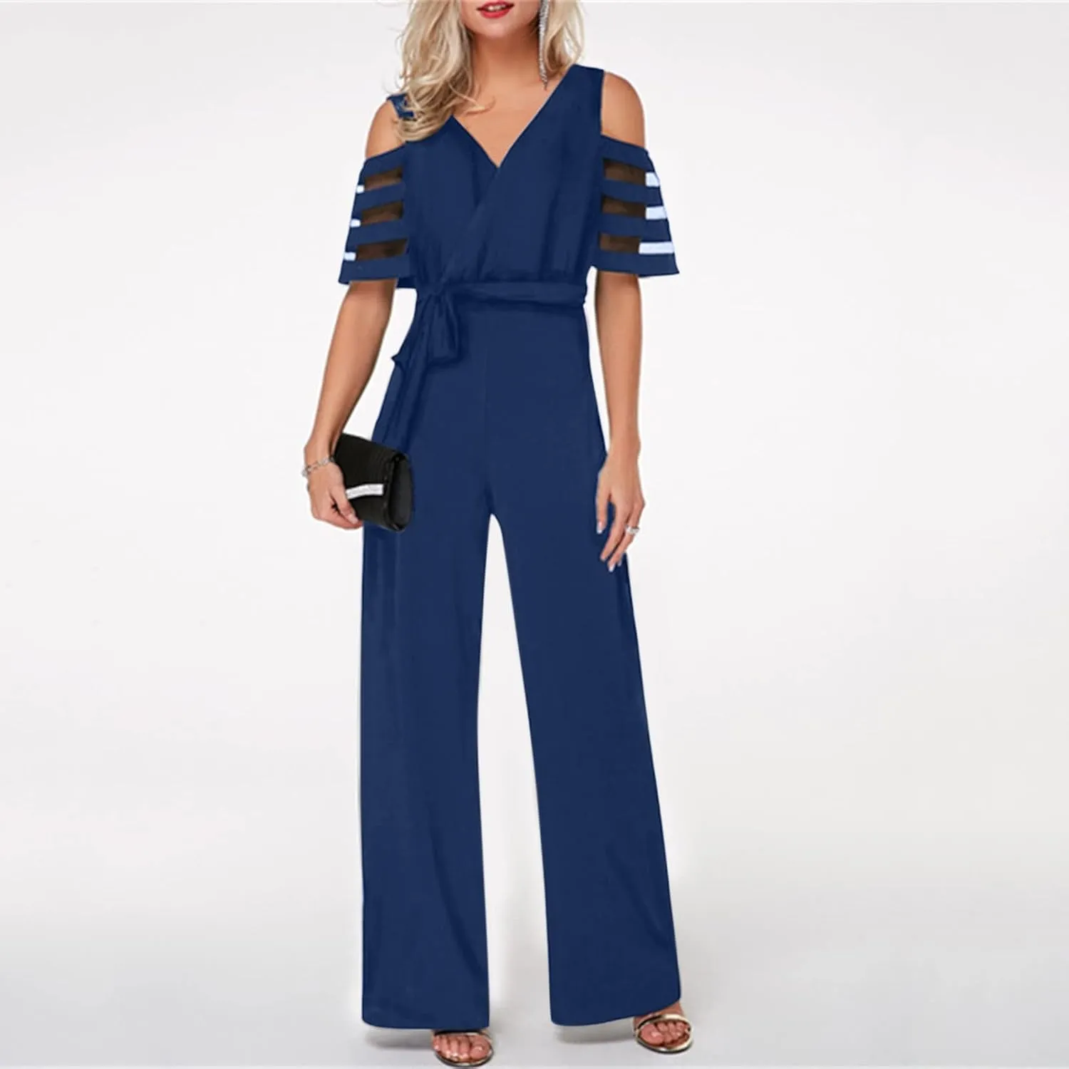 HGps8w Women's Cold Shoulder Dressy Jumpsuits Elegant Mesh Sleeve Belted High Waisted Wide Leg Rompers Formal Pantsuits