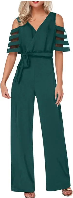 HGps8w Women's Cold Shoulder Dressy Jumpsuits Elegant Mesh Sleeve Belted High Waisted Wide Leg Rompers Formal Pantsuits