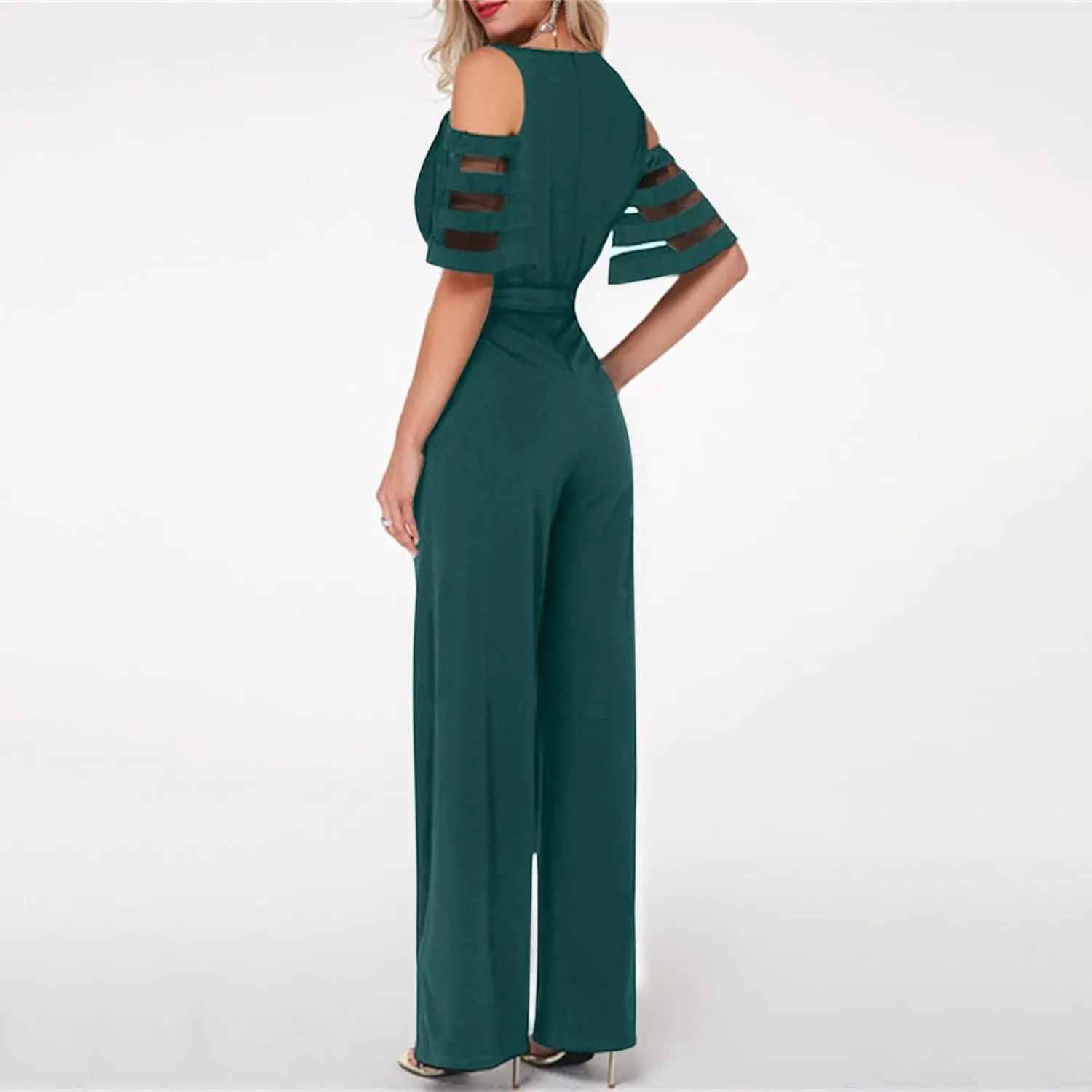 HGps8w Women's Cold Shoulder Dressy Jumpsuits Elegant Mesh Sleeve Belted High Waisted Wide Leg Rompers Formal Pantsuits