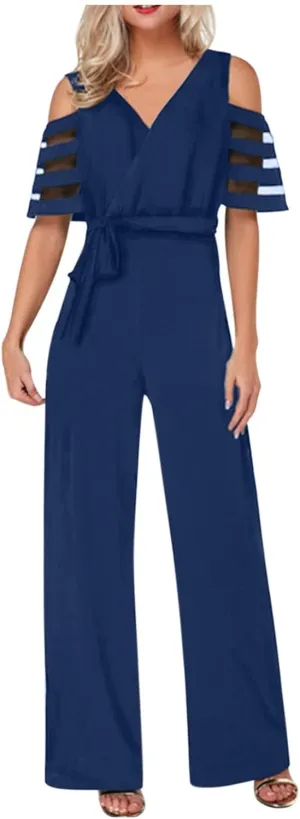 HGps8w Women's Cold Shoulder Dressy Jumpsuits Elegant Mesh Sleeve Belted High Waisted Wide Leg Rompers Formal Pantsuits