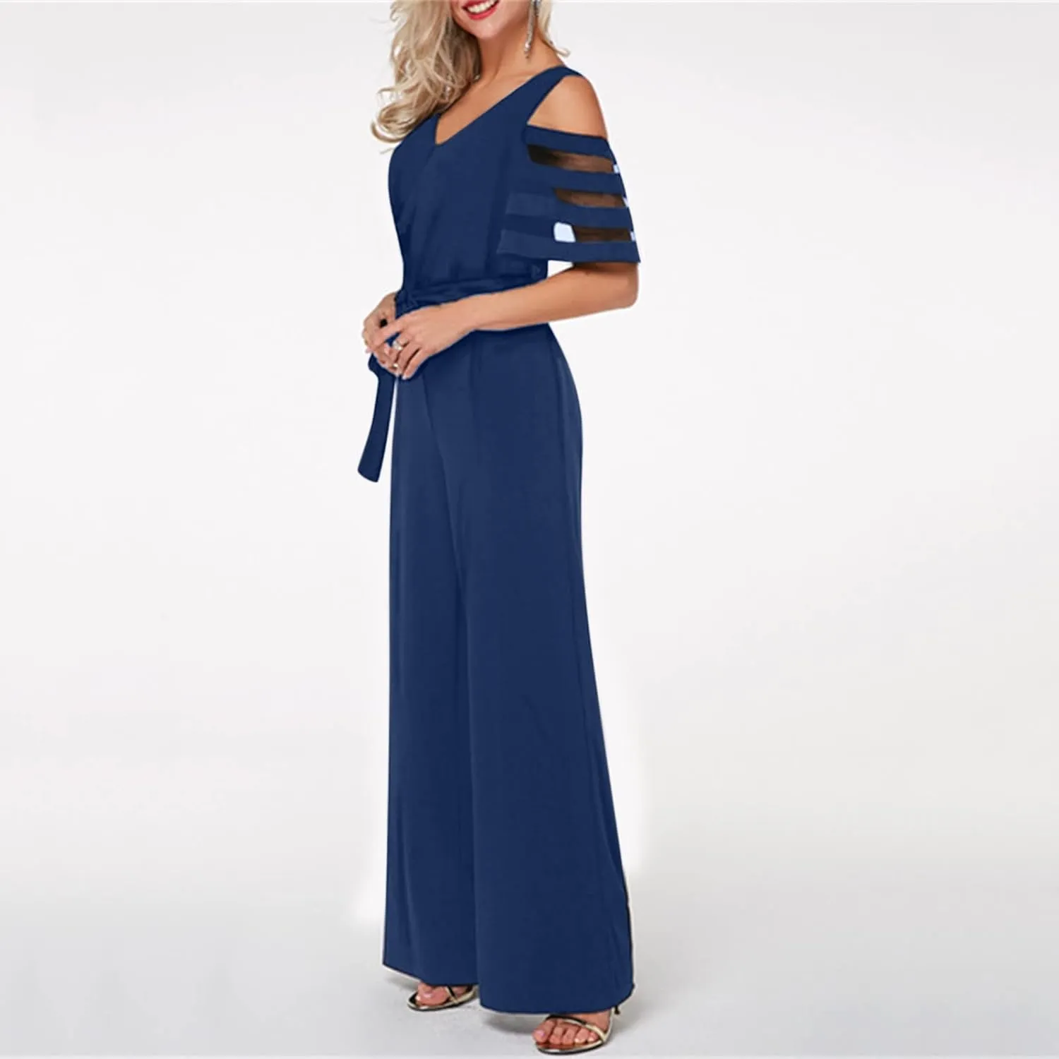 HGps8w Women's Cold Shoulder Dressy Jumpsuits Elegant Mesh Sleeve Belted High Waisted Wide Leg Rompers Formal Pantsuits