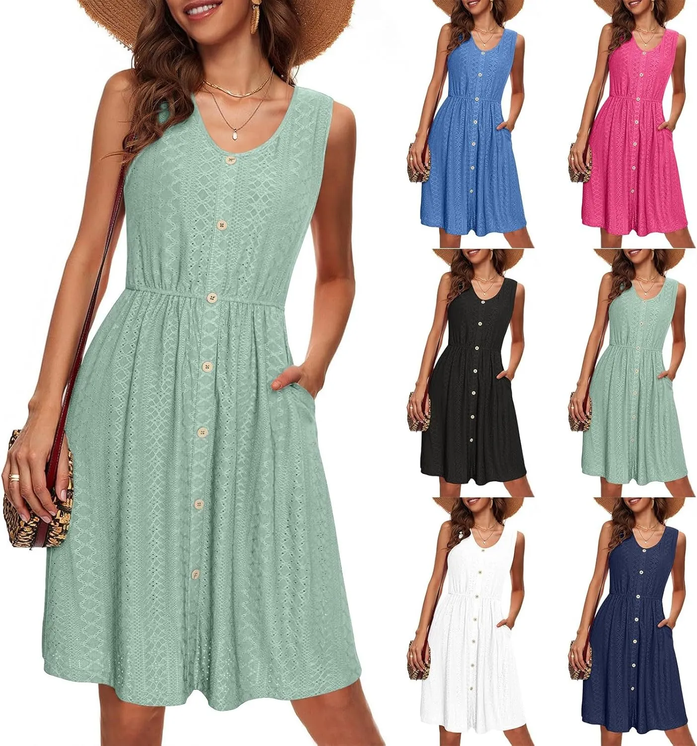 HGps8w Women's Eyelets Sleeveless Sundress - Summer Casual Button Front Crewneck A-Line Flowy Beach Tank Dress with Pocket