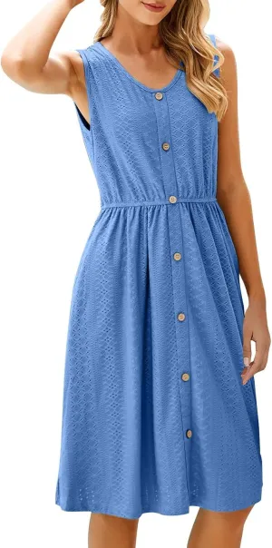 HGps8w Women's Eyelets Sleeveless Sundress - Summer Casual Button Front Crewneck A-Line Flowy Beach Tank Dress with Pocket