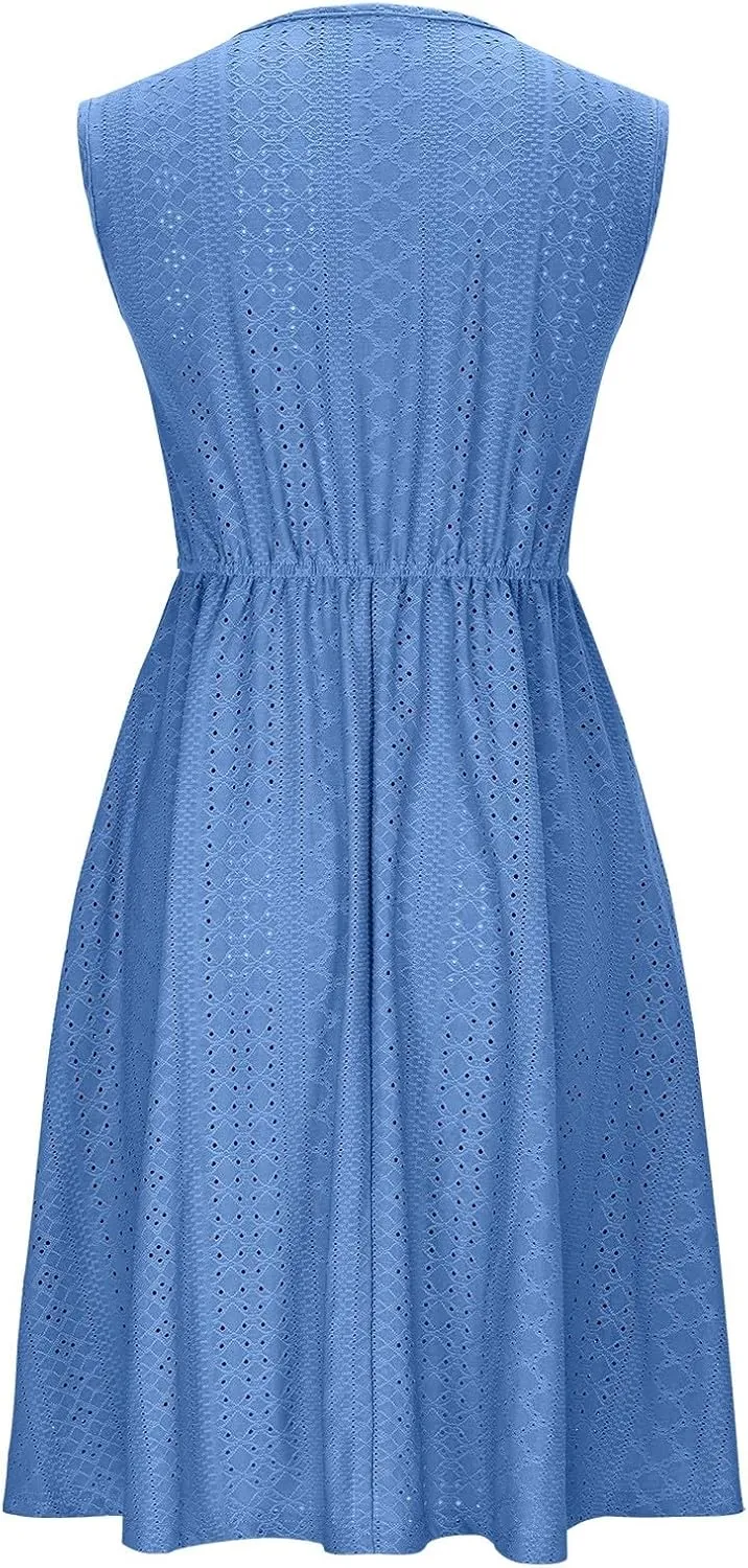 HGps8w Women's Eyelets Sleeveless Sundress - Summer Casual Button Front Crewneck A-Line Flowy Beach Tank Dress with Pocket