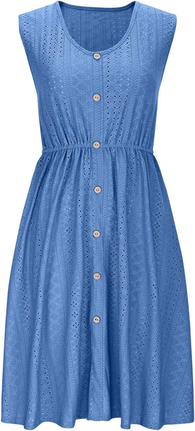 HGps8w Women's Eyelets Sleeveless Sundress - Summer Casual Button Front Crewneck A-Line Flowy Beach Tank Dress with Pocket