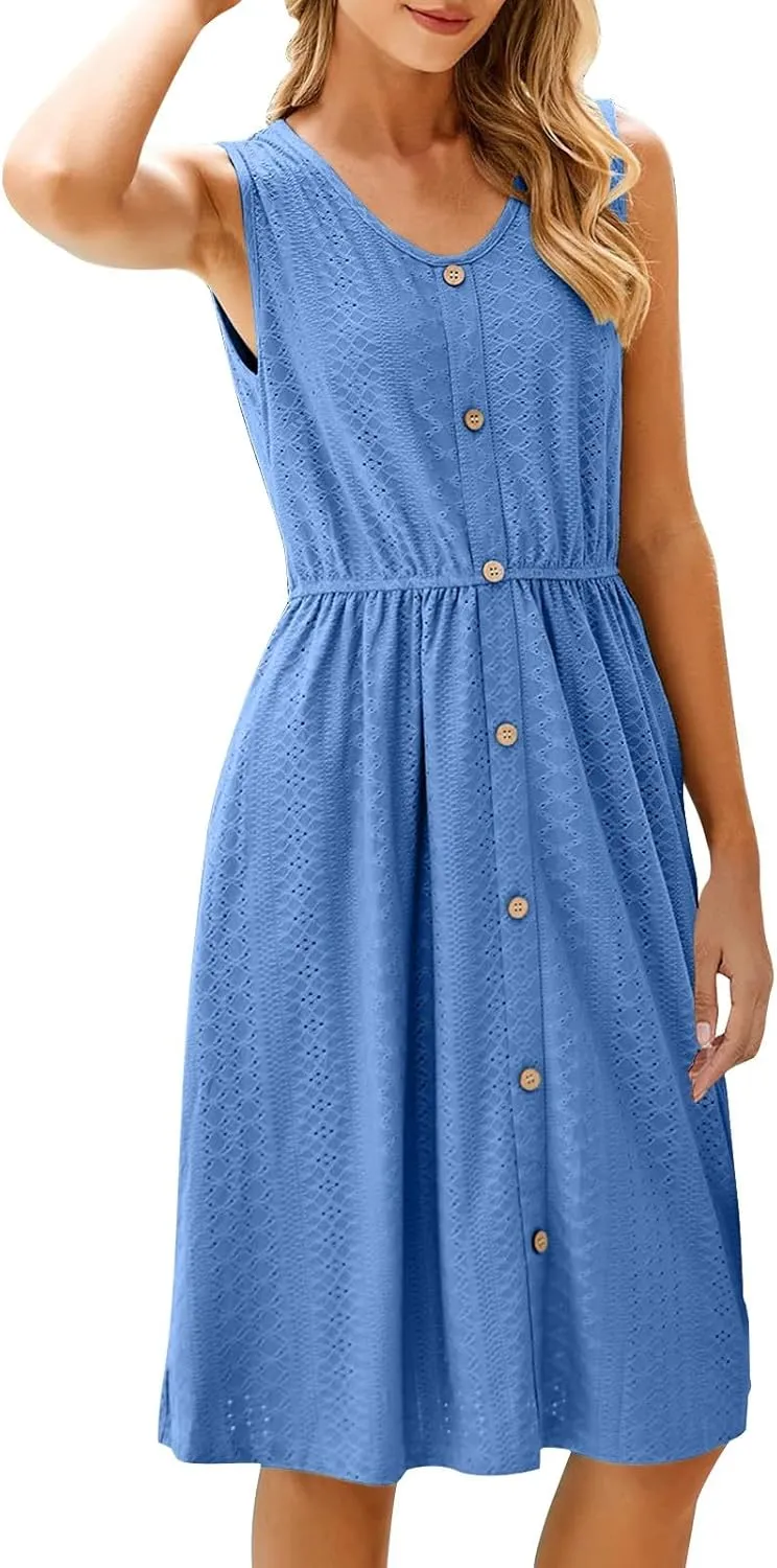 HGps8w Women's Eyelets Sleeveless Sundress - Summer Casual Button Front Crewneck A-Line Flowy Beach Tank Dress with Pocket