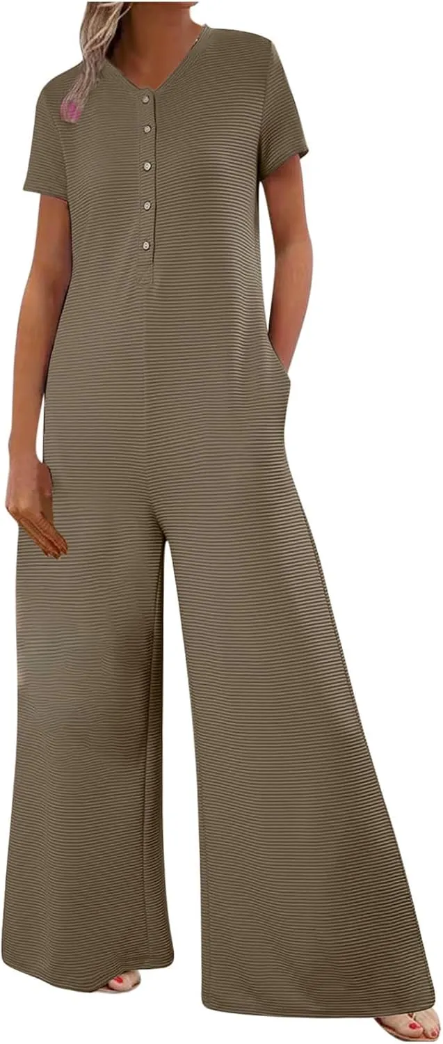 HGps8w Women's Summer Casual Wide Leg Jumpsuits Short Sleeve Loose Button Down Rompers One Piece Outfits with Pockets