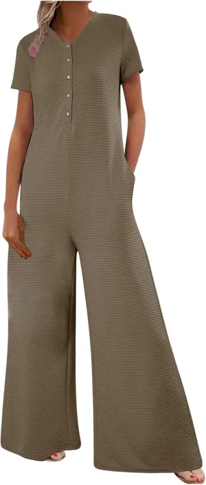 HGps8w Women's Summer Casual Wide Leg Jumpsuits Short Sleeve Loose Button Down Rompers One Piece Outfits with Pockets