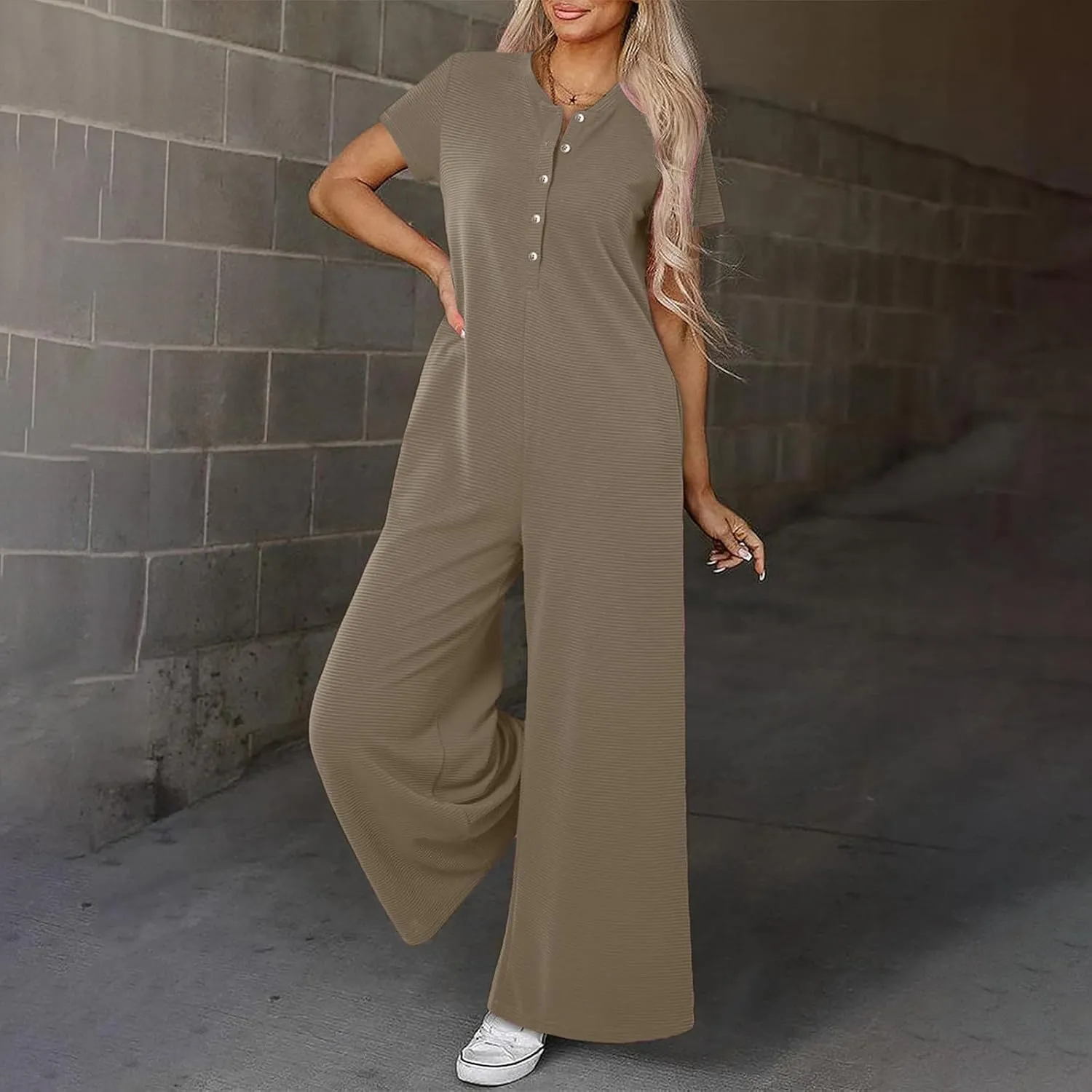 HGps8w Women's Summer Casual Wide Leg Jumpsuits Short Sleeve Loose Button Down Rompers One Piece Outfits with Pockets