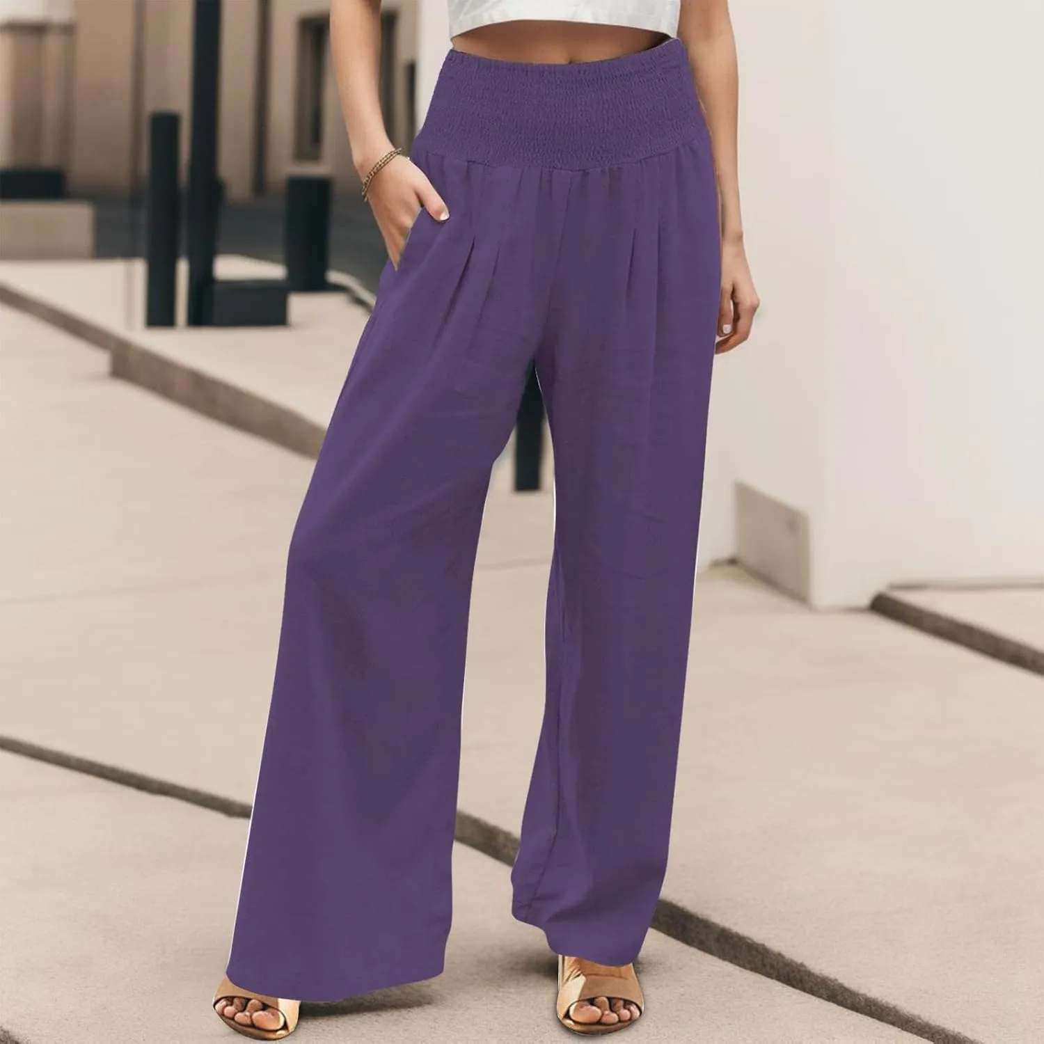 High Waisted Wide Leg Pants for Women with Pockets Plus Size Casual Solid Palazzo Pant Loose Fit Lounge Trousers