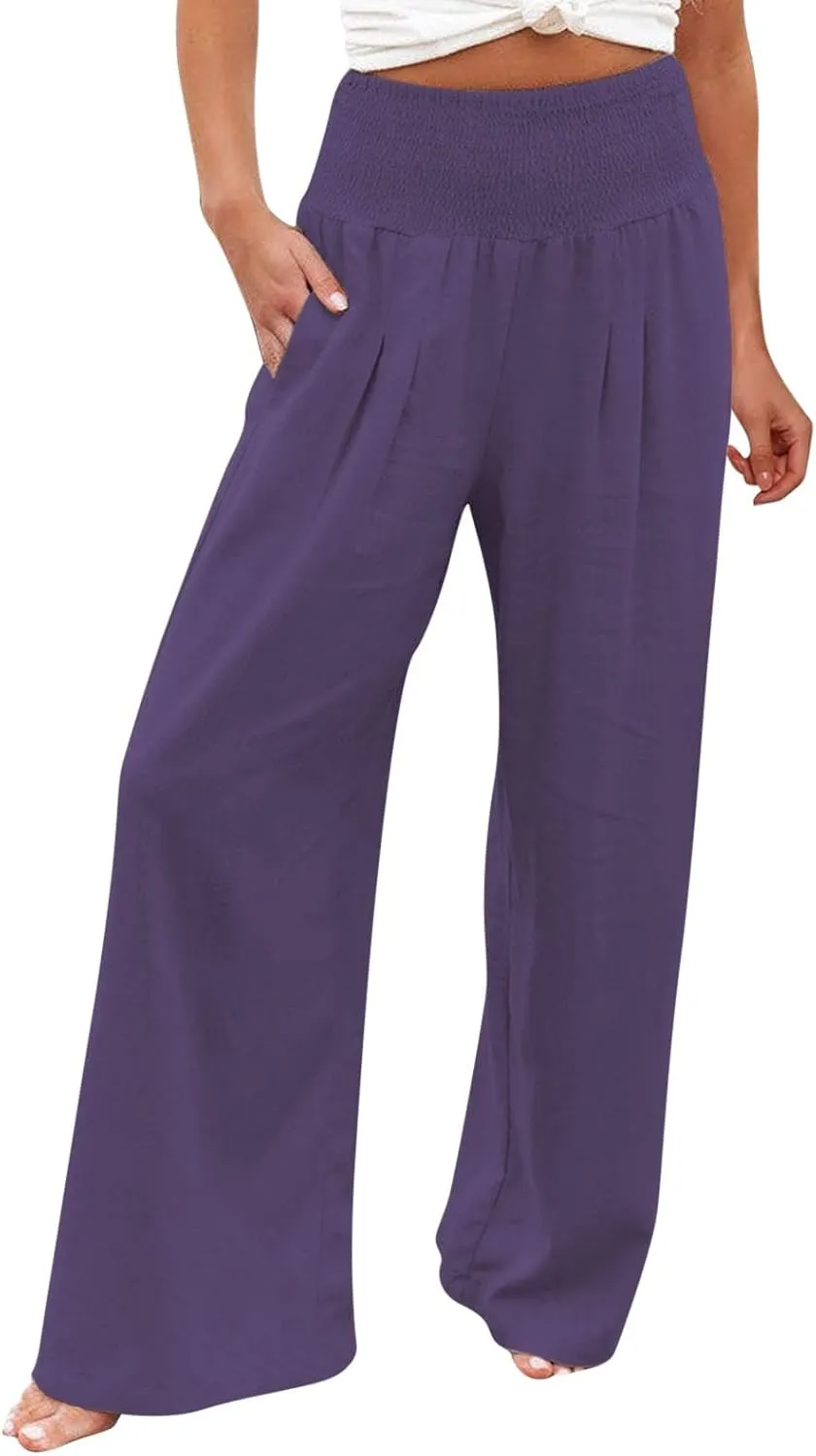 High Waisted Wide Leg Pants for Women with Pockets Plus Size Casual Solid Palazzo Pant Loose Fit Lounge Trousers