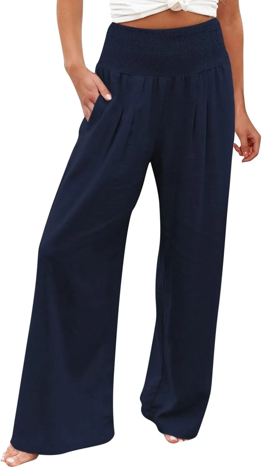 High Waisted Wide Leg Pants for Women with Pockets Plus Size Casual Solid Palazzo Pant Loose Fit Lounge Trousers