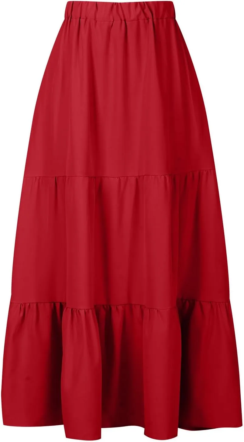 hlysgo Long Skirts for Women Casual Ruffle Tiered Skirts Trendy Boho Solid Flowy Swing Maxi Skirt with Pockets