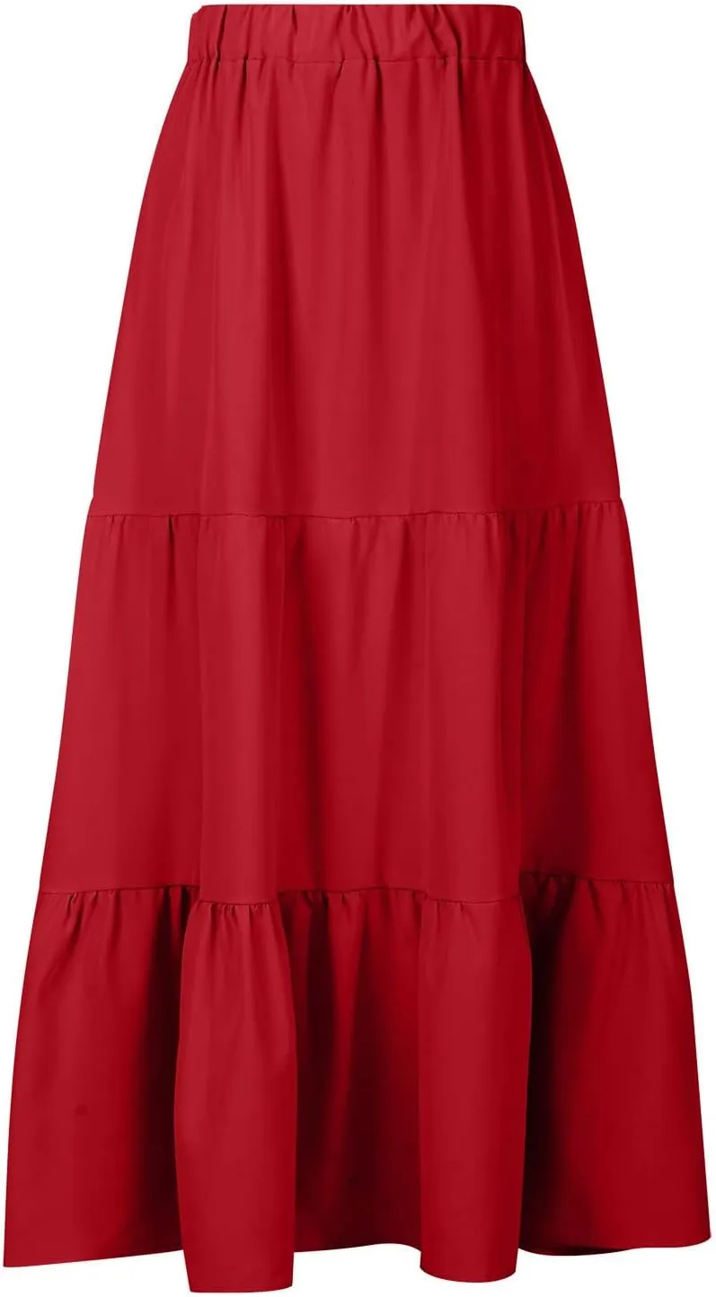 hlysgo Long Skirts for Women Casual Ruffle Tiered Skirts Trendy Boho Solid Flowy Swing Maxi Skirt with Pockets
