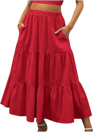 hlysgo Long Skirts for Women Casual Ruffle Tiered Skirts Trendy Boho Solid Flowy Swing Maxi Skirt with Pockets