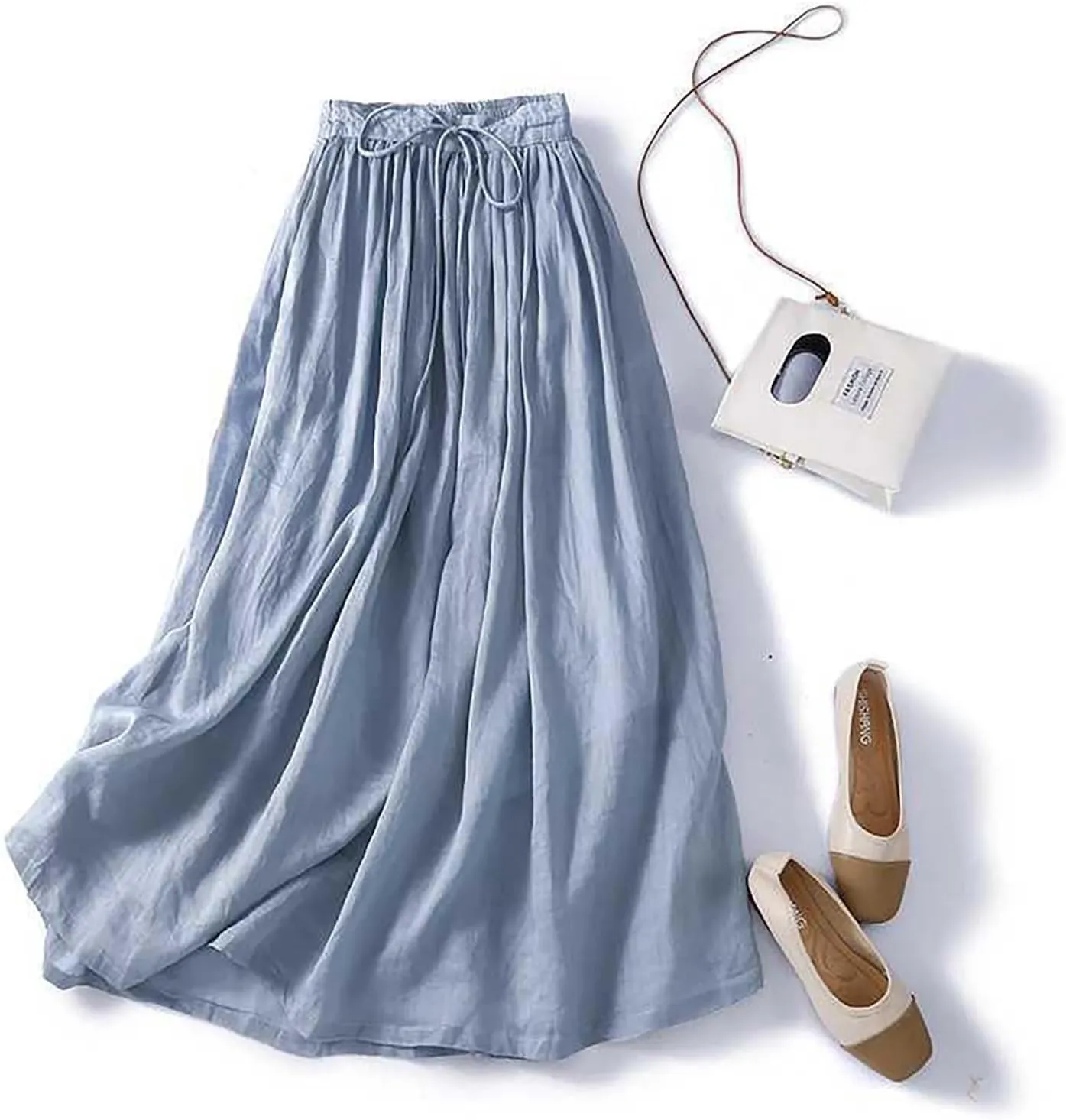 hlysgo Women's Boho High Waist A Line Pleated Flowy Midi Skirts Lightweight Summer Cotton Linen Long Skirt with Pockets