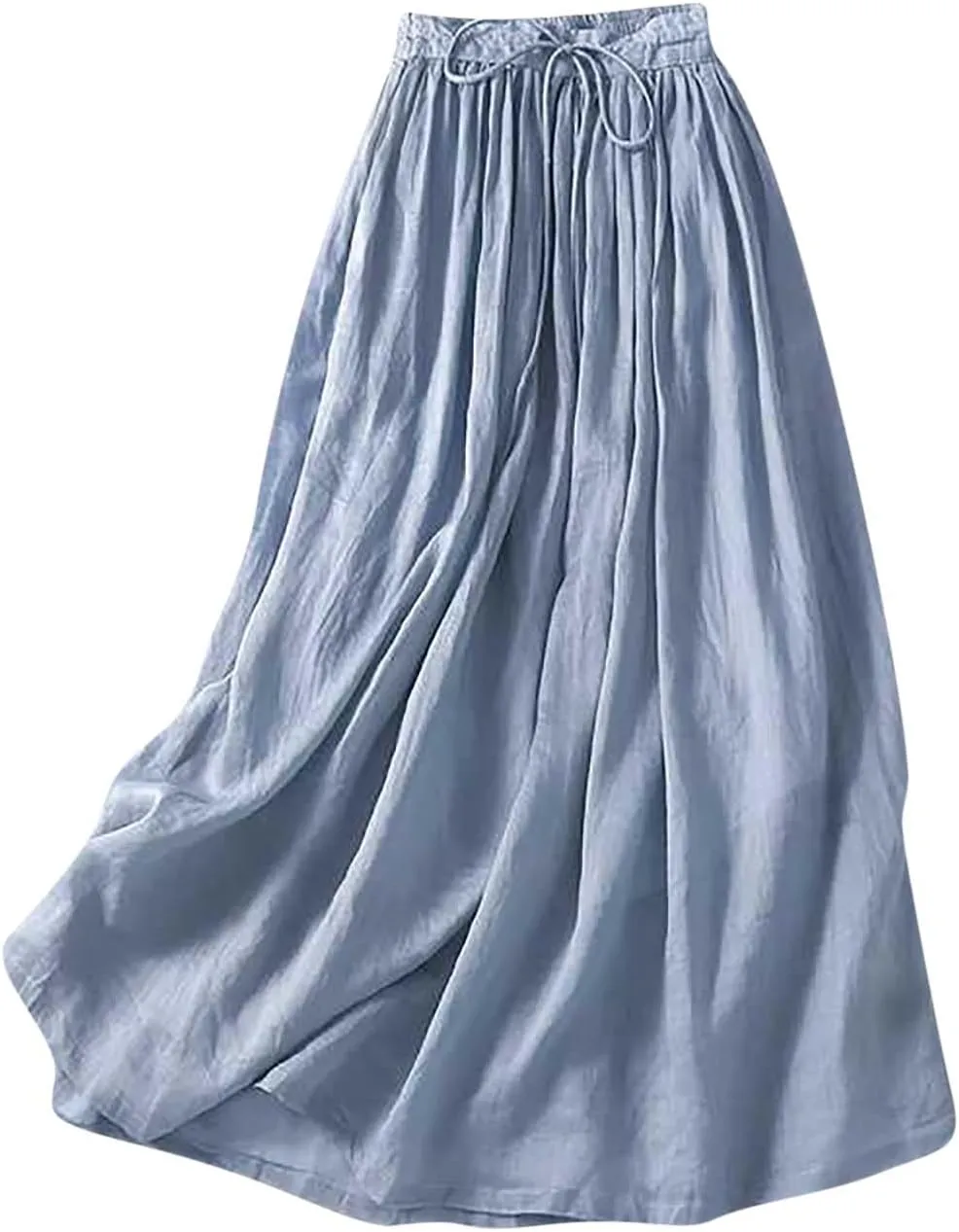 hlysgo Women's Boho High Waist A Line Pleated Flowy Midi Skirts Lightweight Summer Cotton Linen Long Skirt with Pockets