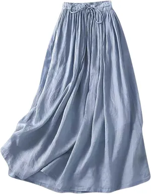 hlysgo Women's Boho High Waist A Line Pleated Flowy Midi Skirts Lightweight Summer Cotton Linen Long Skirt with Pockets