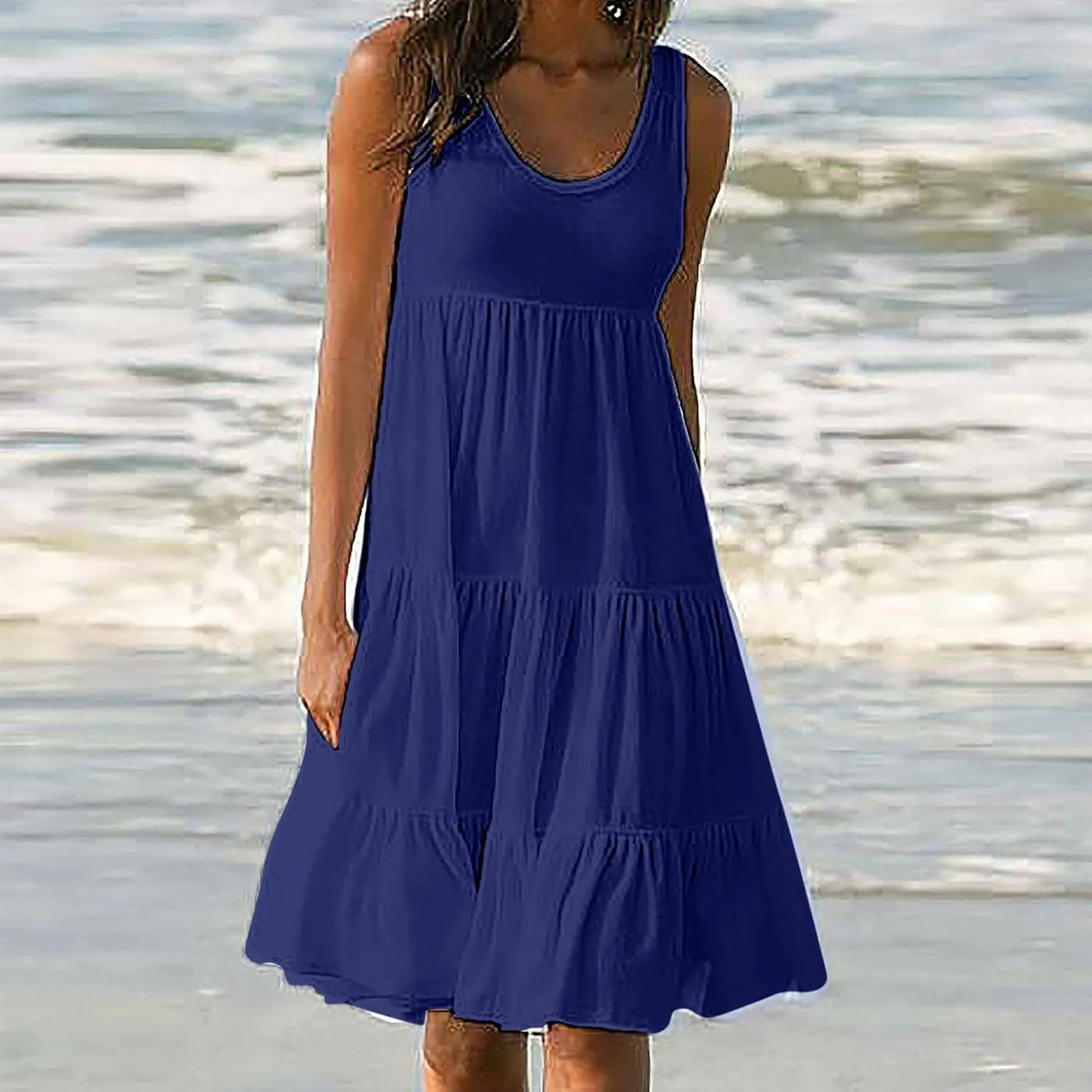 Holiday Dresses for Women 2025 Summer Vacation Beach Dresses Sleeveless U Neck Smocked Midi Sundress Party Dress