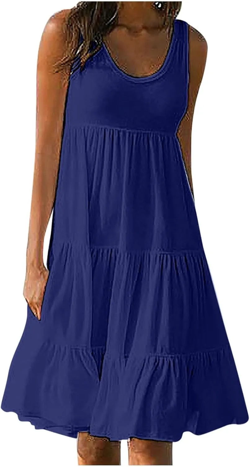 Holiday Dresses for Women 2025 Summer Vacation Beach Dresses Sleeveless U Neck Smocked Midi Sundress Party Dress