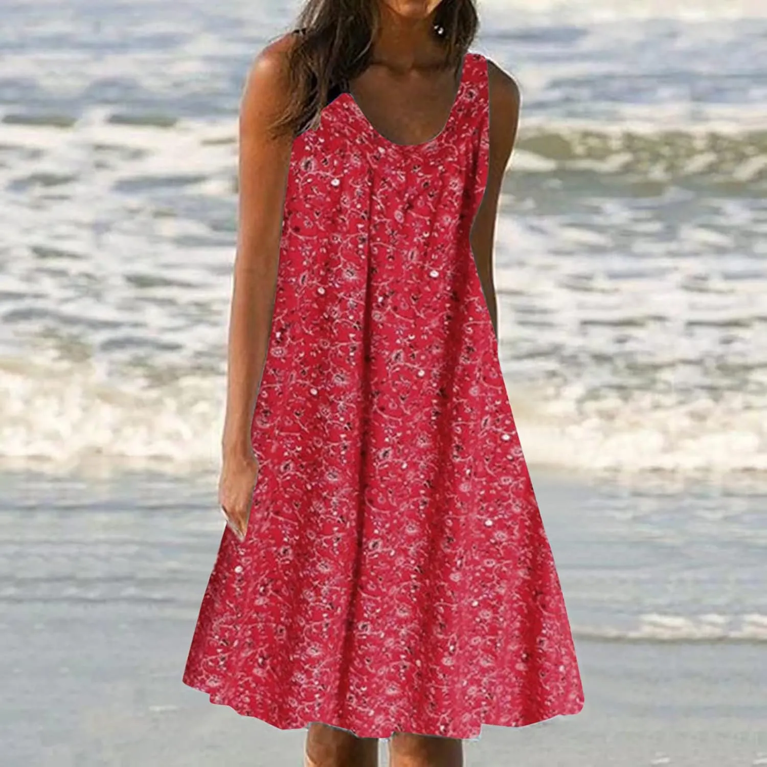 Holiday Dresses for Women 2025 Trendy Floar Print Vacation Sundress Casual Sleeveless Smocked Flowy Hawaii Dress