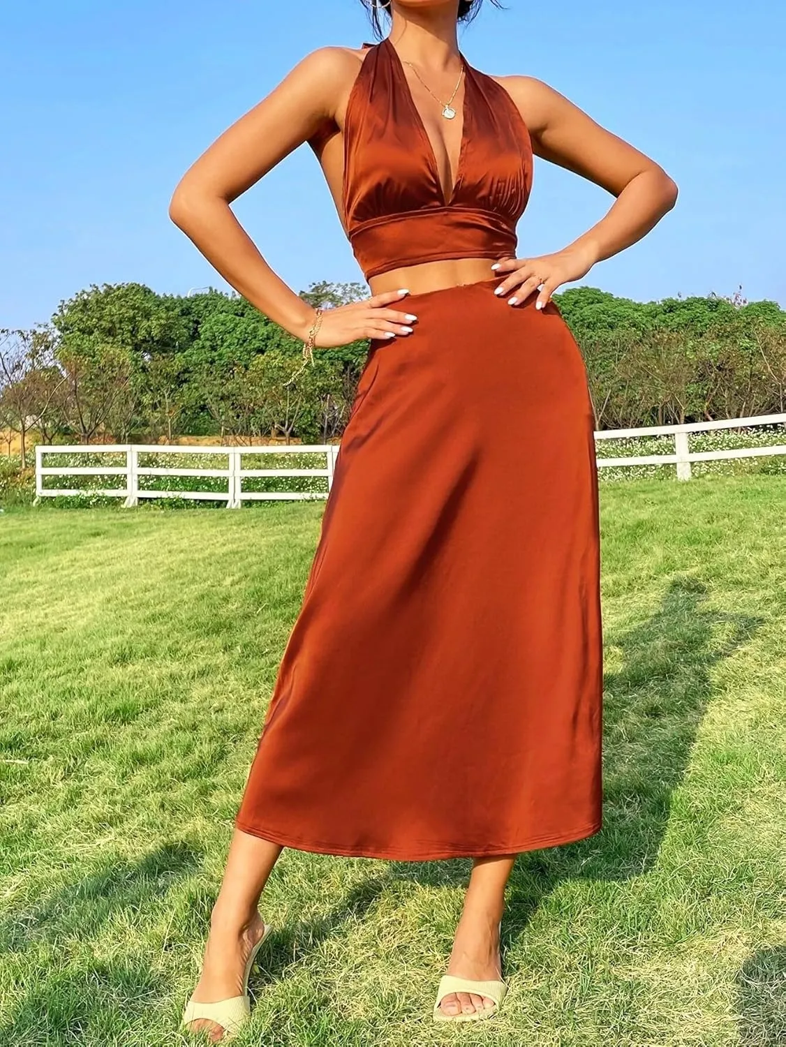 HOTOUCH Womens Midi Skirt High Waisted Solid Satin Dress Zipper Elegant Work Skirts