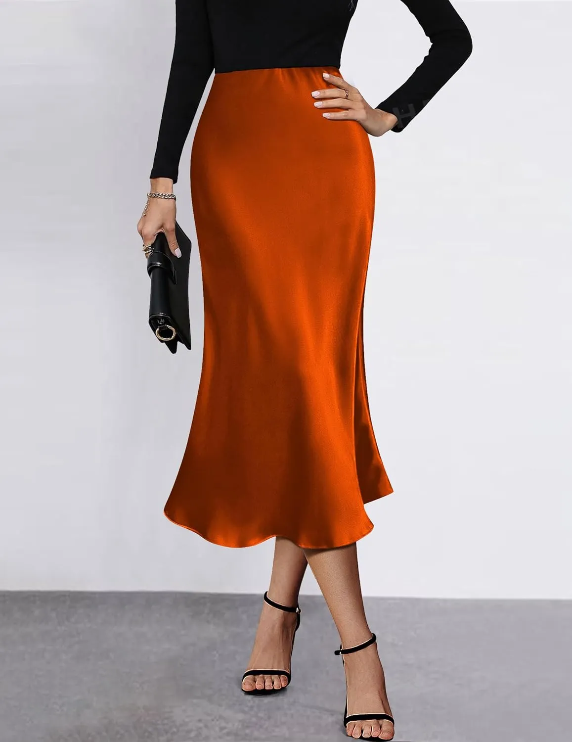 HOTOUCH Womens Midi Skirt High Waisted Solid Satin Dress Zipper Elegant Work Skirts