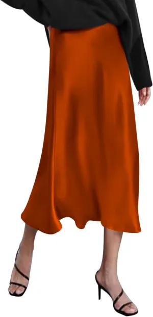 HOTOUCH Womens Midi Skirt High Waisted Solid Satin Dress Zipper Elegant Work Skirts