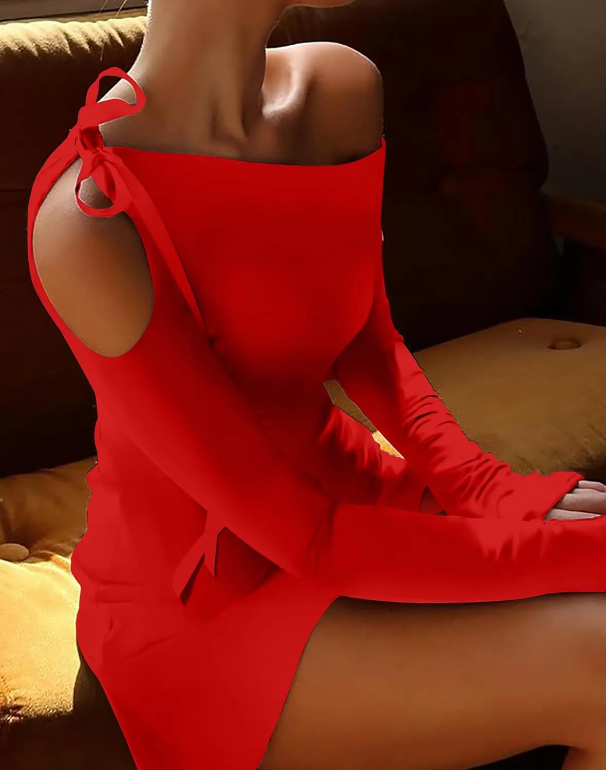 HYPERFIRE Women's Shoulder Tie Long Sleeve Asymmetrical Dress Boat Neck Cocktail Mini Dresses