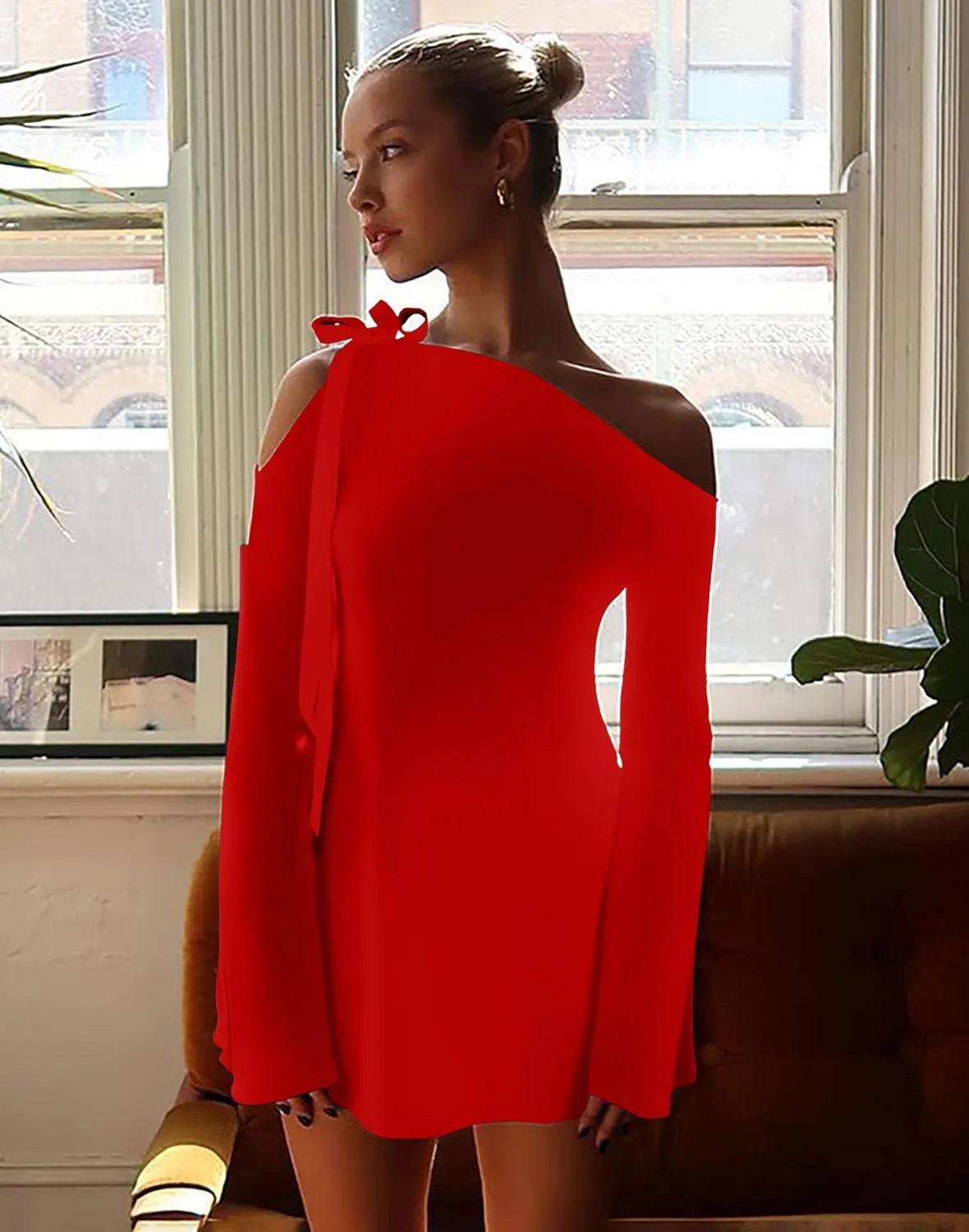 HYPERFIRE Women's Shoulder Tie Long Sleeve Asymmetrical Dress Boat Neck Cocktail Mini Dresses