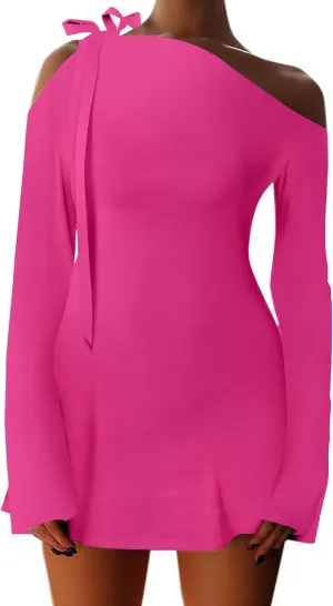 HYPERFIRE Women's Shoulder Tie Long Sleeve Asymmetrical Dress Boat Neck Cocktail Mini Dresses