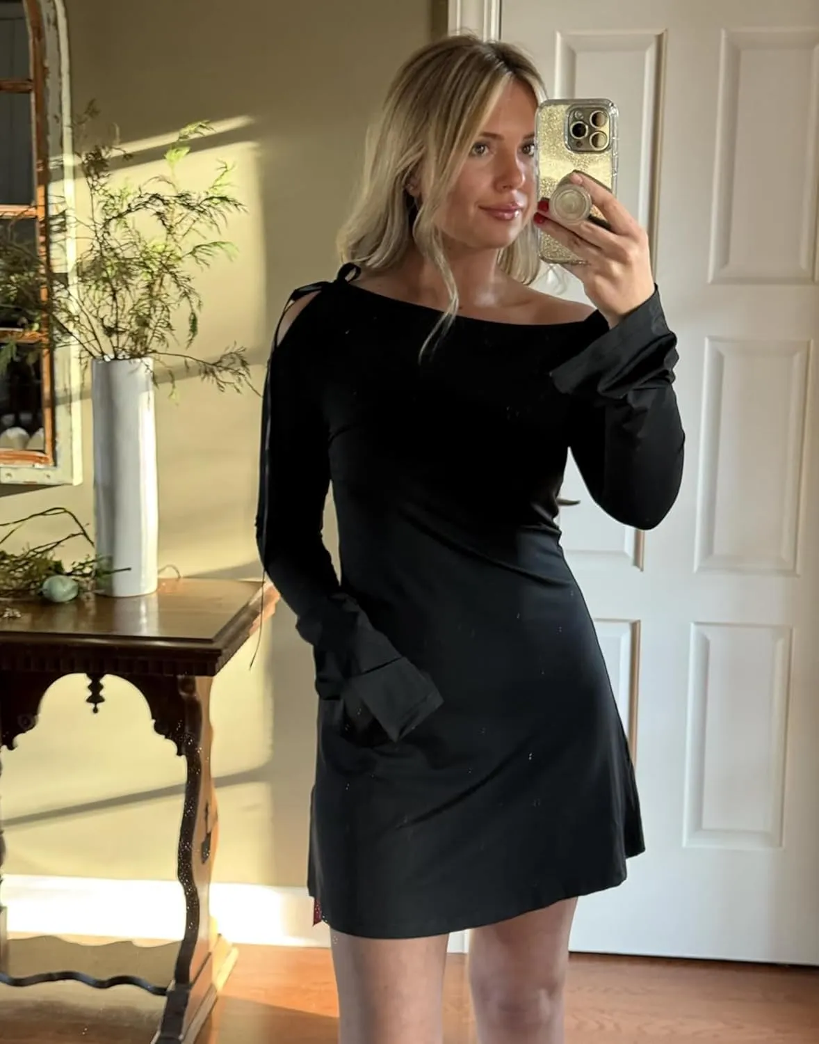 HYPERFIRE Women's Shoulder Tie Long Sleeve Asymmetrical Dress Boat Neck Cocktail Mini Dresses