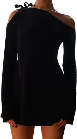 HYPERFIRE Women's Shoulder Tie Long Sleeve Asymmetrical Dress Boat Neck Cocktail Mini Dresses