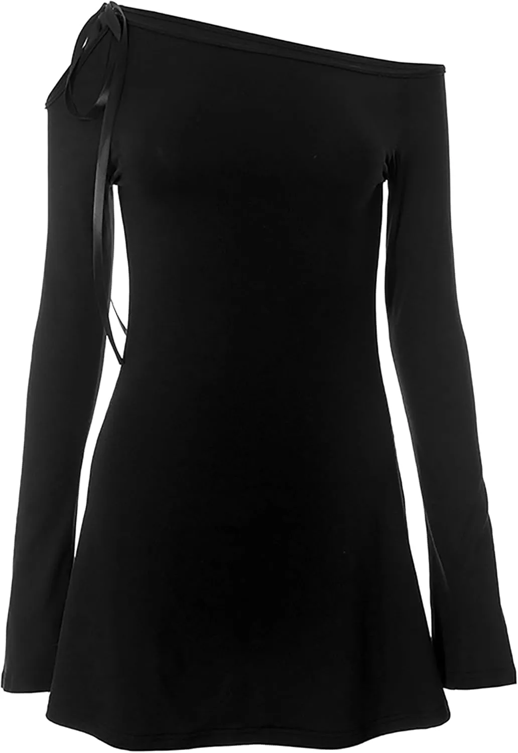 HYPERFIRE Women's Shoulder Tie Long Sleeve Asymmetrical Dress Boat Neck Cocktail Mini Dresses