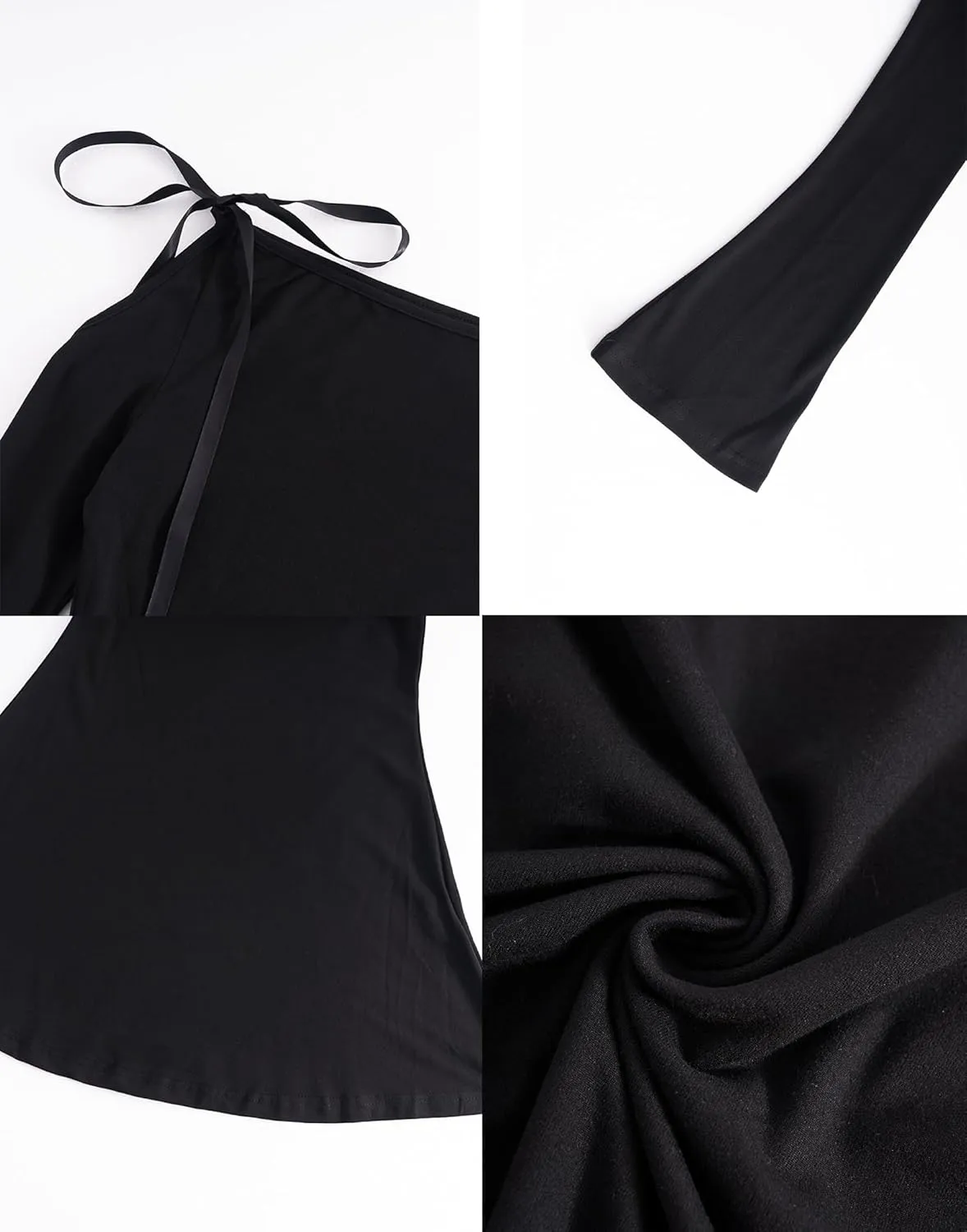 HYPERFIRE Women's Shoulder Tie Long Sleeve Asymmetrical Dress Boat Neck Cocktail Mini Dresses