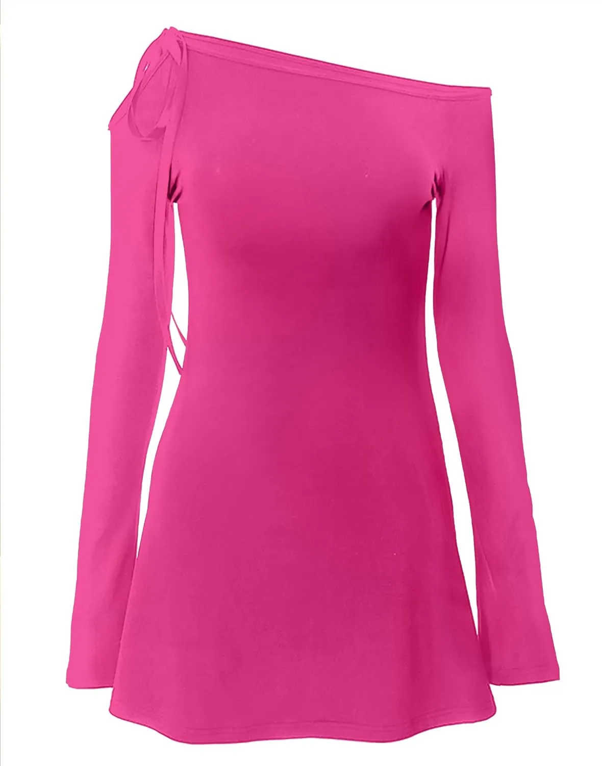 HYPERFIRE Women's Shoulder Tie Long Sleeve Asymmetrical Dress Boat Neck Cocktail Mini Dresses