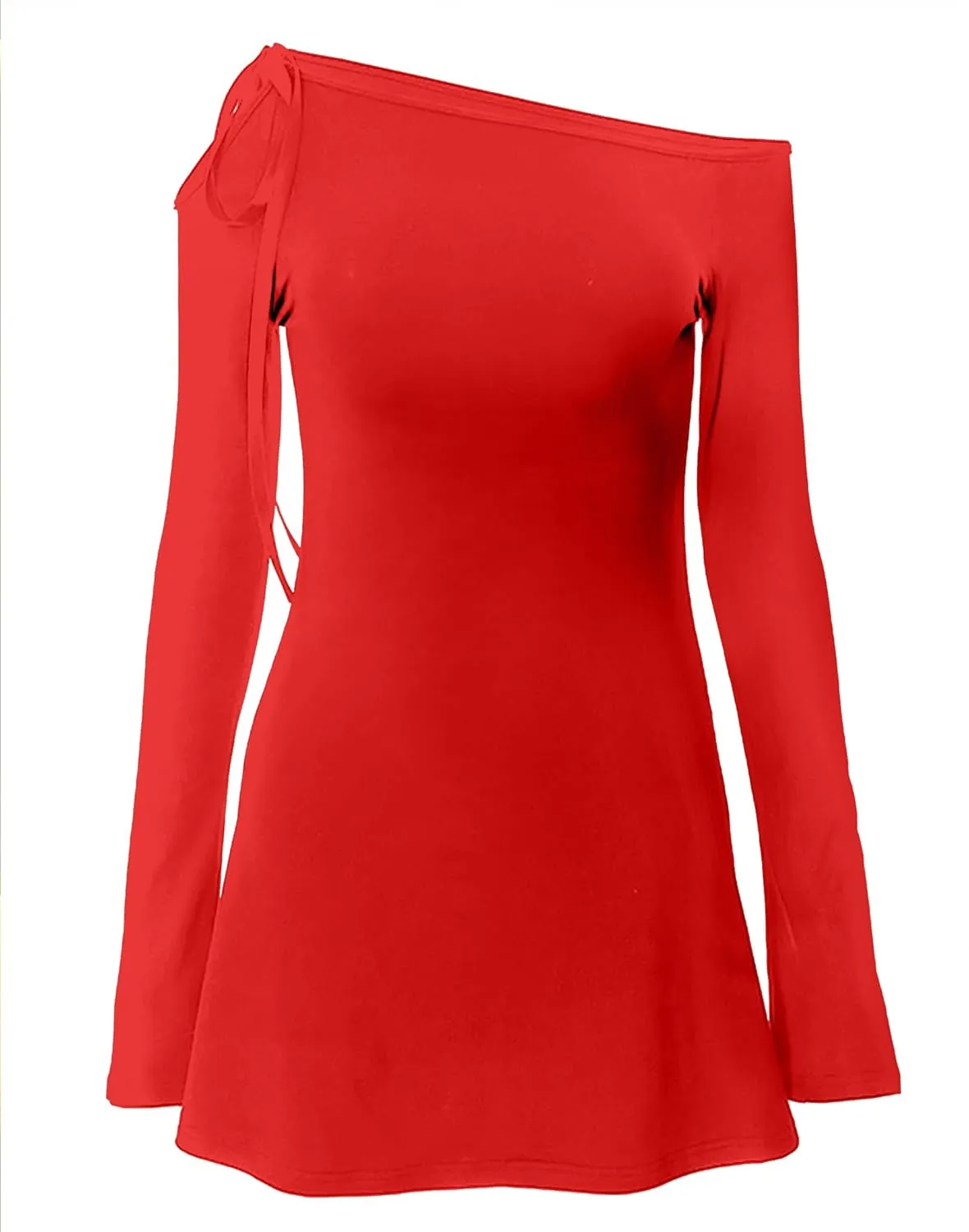HYPERFIRE Women's Shoulder Tie Long Sleeve Asymmetrical Dress Boat Neck Cocktail Mini Dresses