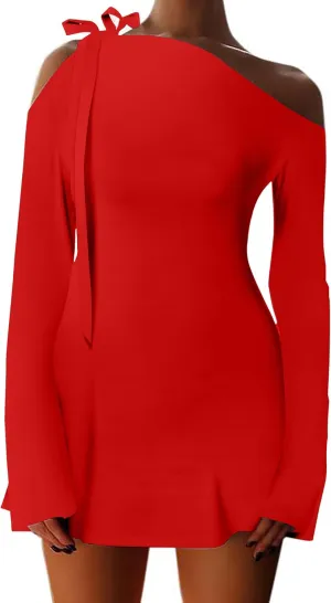 HYPERFIRE Women's Shoulder Tie Long Sleeve Asymmetrical Dress Boat Neck Cocktail Mini Dresses