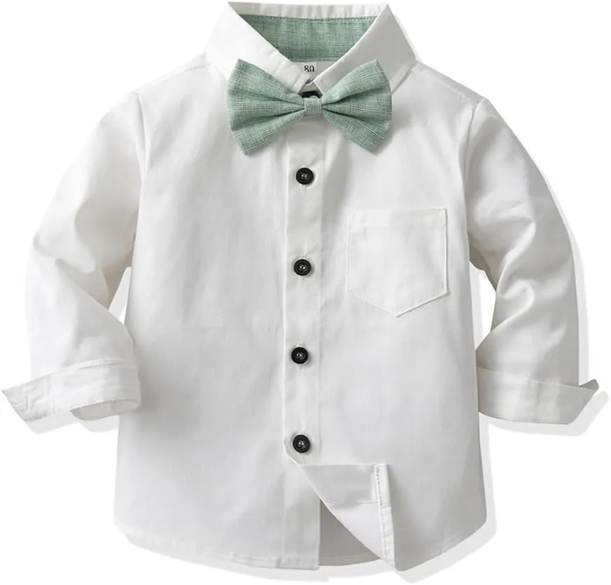 IDOPIP Toddler Kids Baby Boys Formal Suit Gentleman White Shirt with Bowtie   Suspender Shorts Pants Overalls Clothes 6M-5T