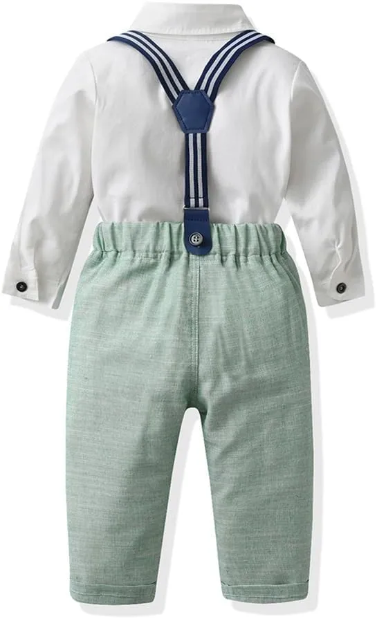 IDOPIP Toddler Kids Baby Boys Formal Suit Gentleman White Shirt with Bowtie   Suspender Shorts Pants Overalls Clothes 6M-5T