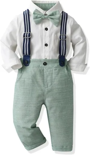 IDOPIP Toddler Kids Baby Boys Formal Suit Gentleman White Shirt with Bowtie   Suspender Shorts Pants Overalls Clothes 6M-5T