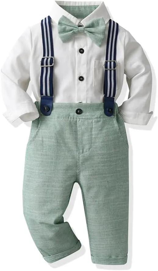 IDOPIP Toddler Kids Baby Boys Formal Suit Gentleman White Shirt with Bowtie   Suspender Shorts Pants Overalls Clothes 6M-5T